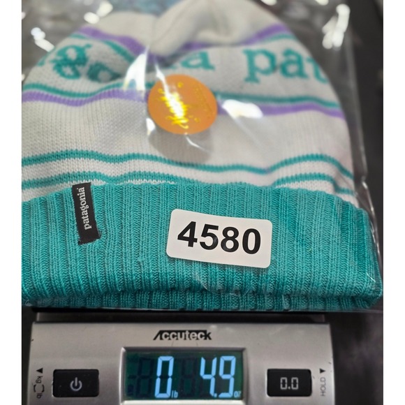 Patagonia Powder Town Beanie Teal Purple White Striped Pom Pom Knit Hat 29187 - Picture 10 of 10